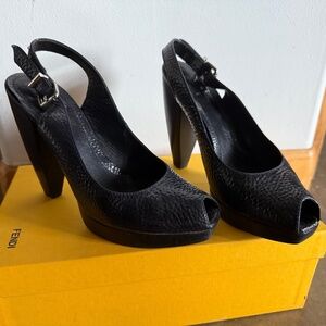 size 8.5 FENDI navy blue patent leather sling back sandals $125